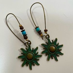 Vintage Southwestern Turquoise Metal Sun Celestial Festival Summer Boho Earrings